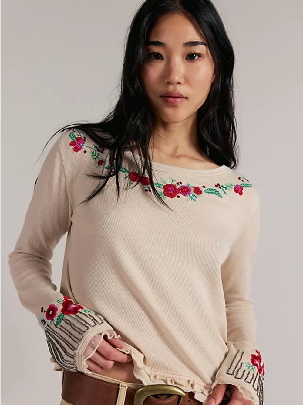 Free People Cream Pullover with Red Floral Embroidery